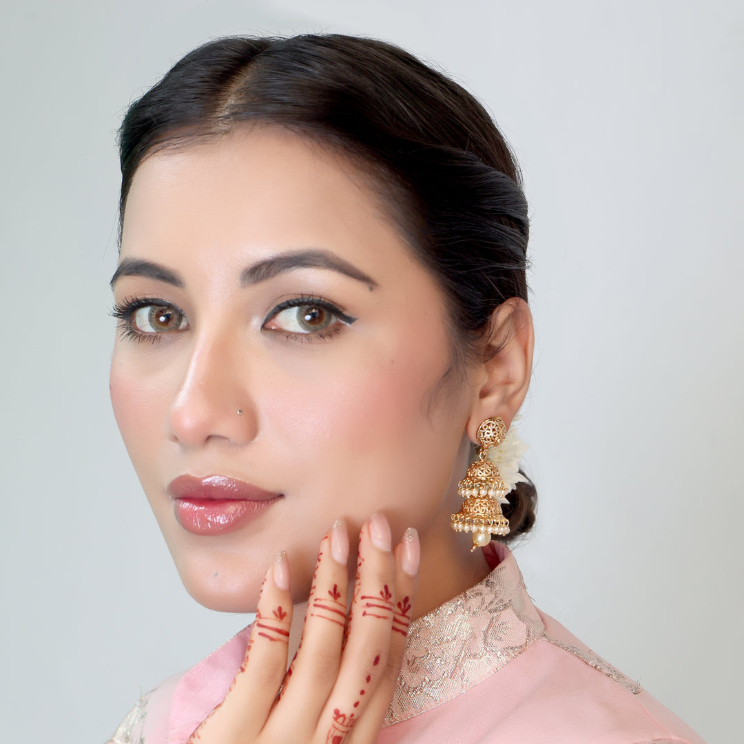 Triple Dome Filigree Jhumka - Moti