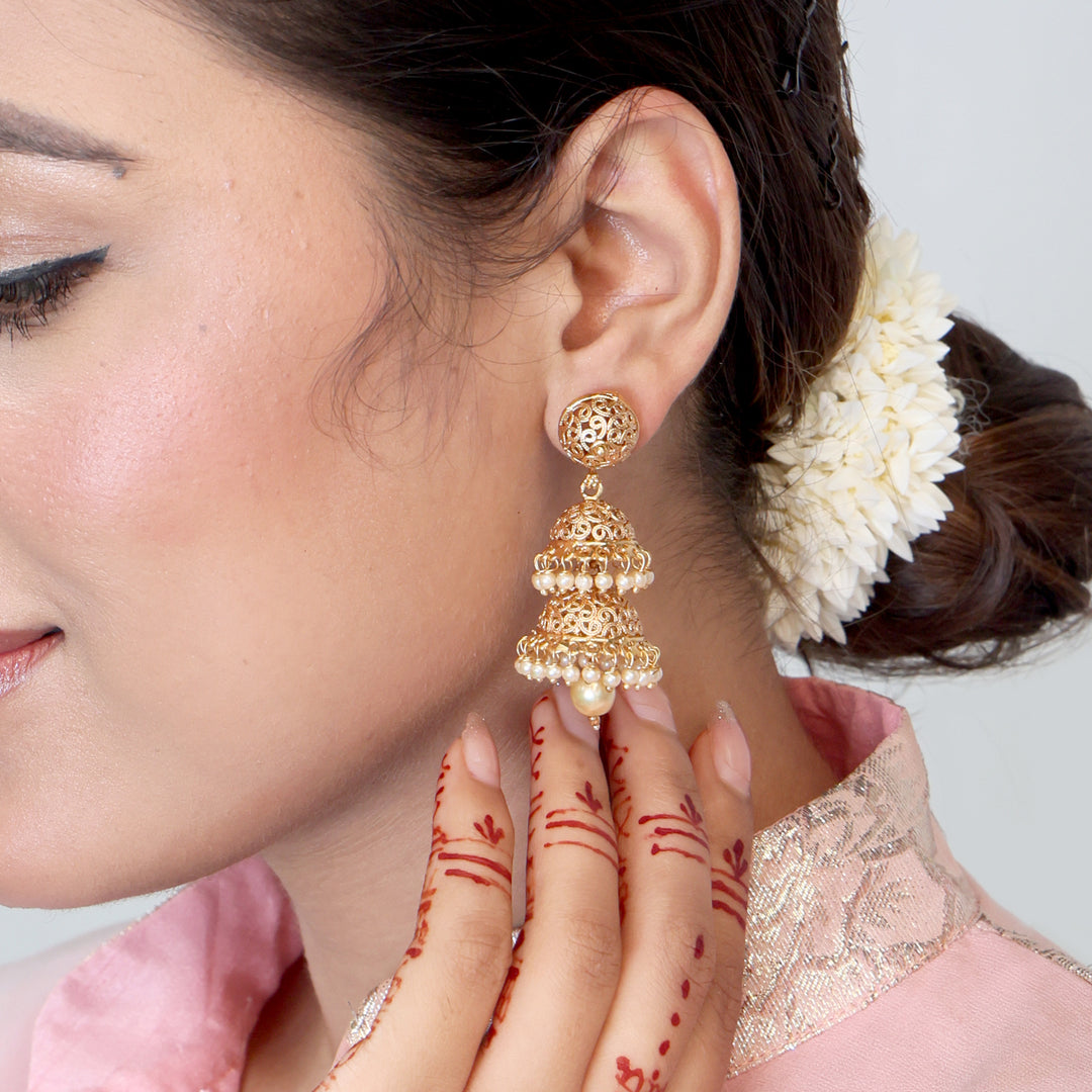 Triple Dome Filigree Jhumka - Moti