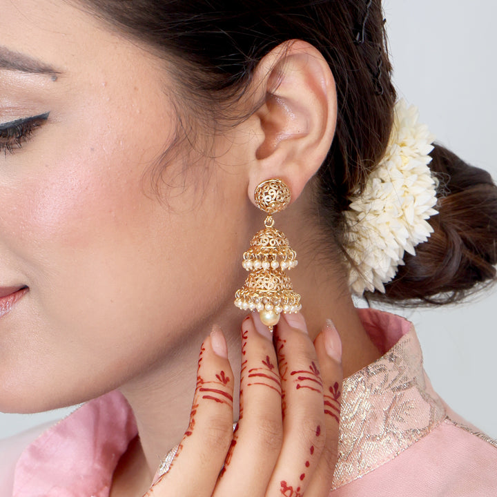 Triple Dome Filigree Jhumka - Moti