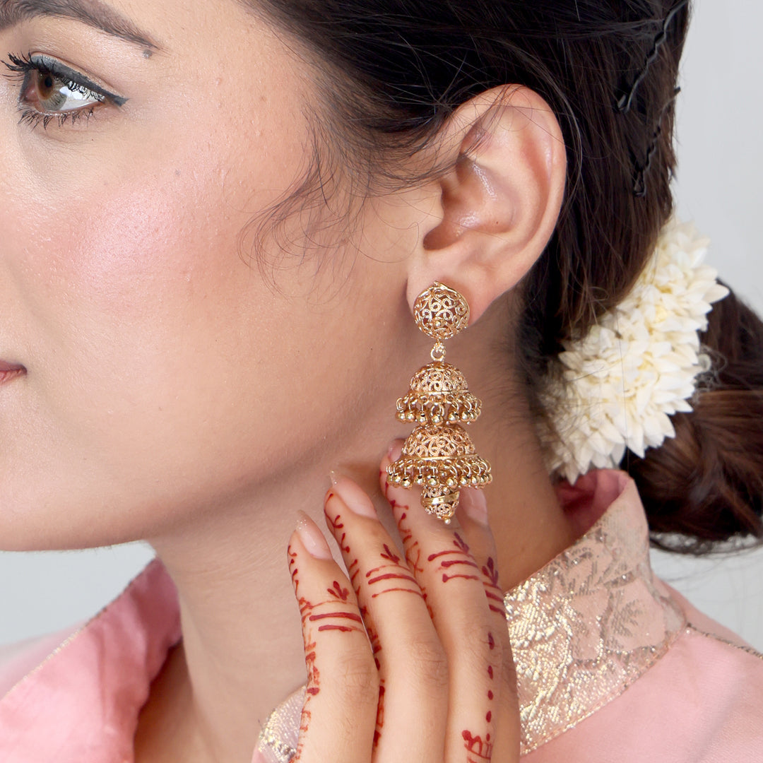 Triple Dome Filigree Jhumka - Gold
