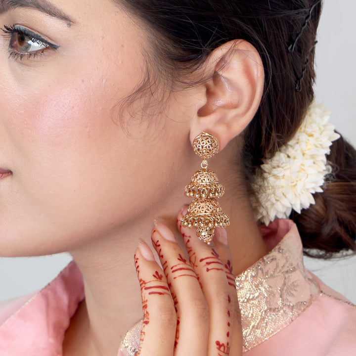 Triple Dome Filigree Jhumka - Gold