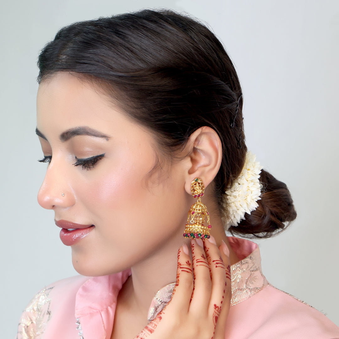 Temple Dome Jhumka with Deity Motif