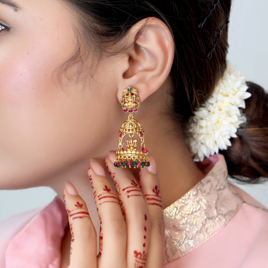Temple Dome Jhumka with Deity Motif