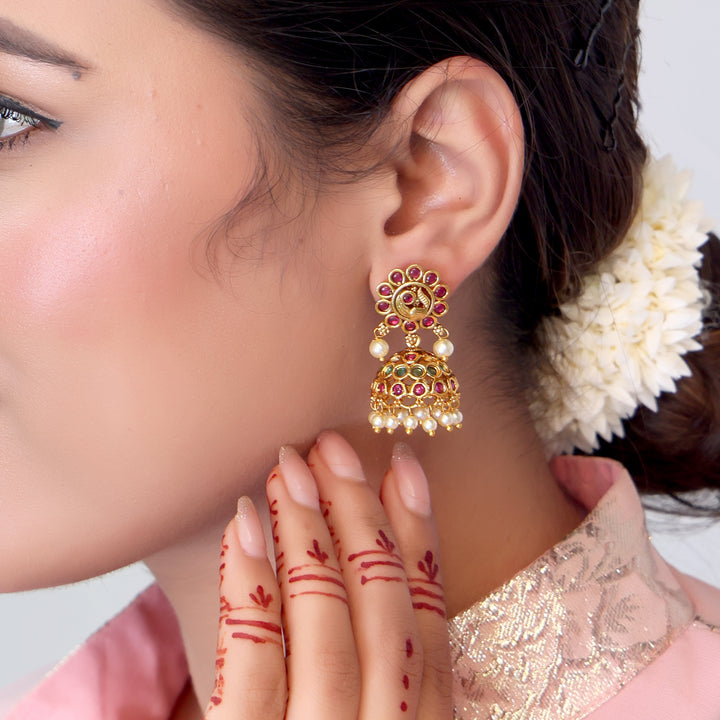 Ruby-Green Traditional Polki Jhumka