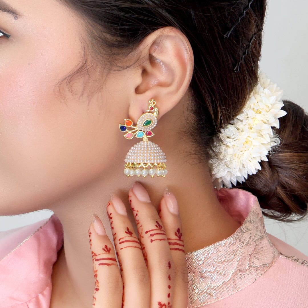 Multicolor Peacock Pearl Jhumka