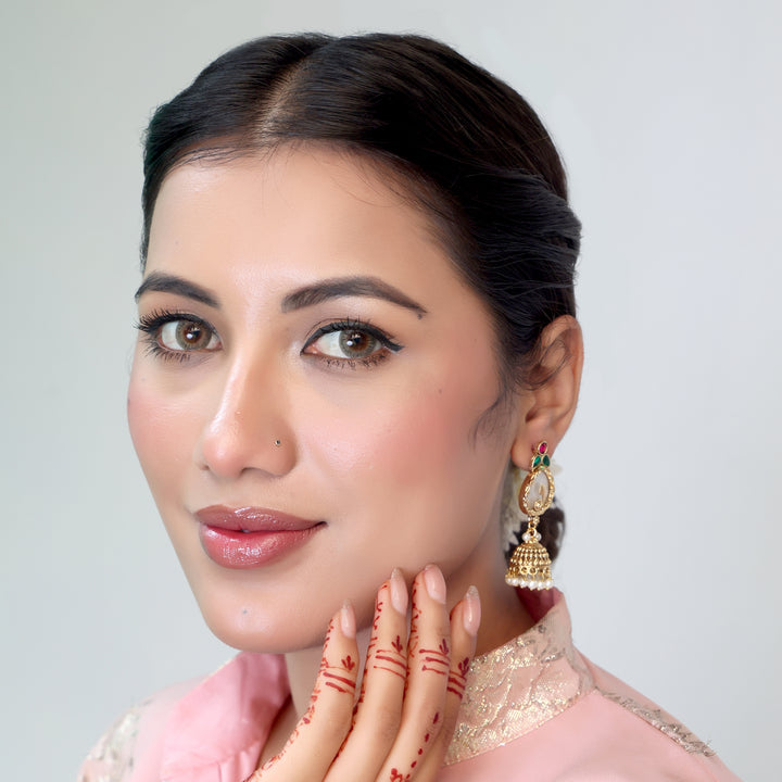 Pearl Drop Polki Jhumka with Red-Green Accents