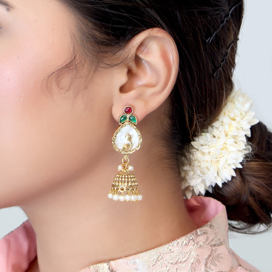 Pearl Drop Polki Jhumka with Red-Green Accents