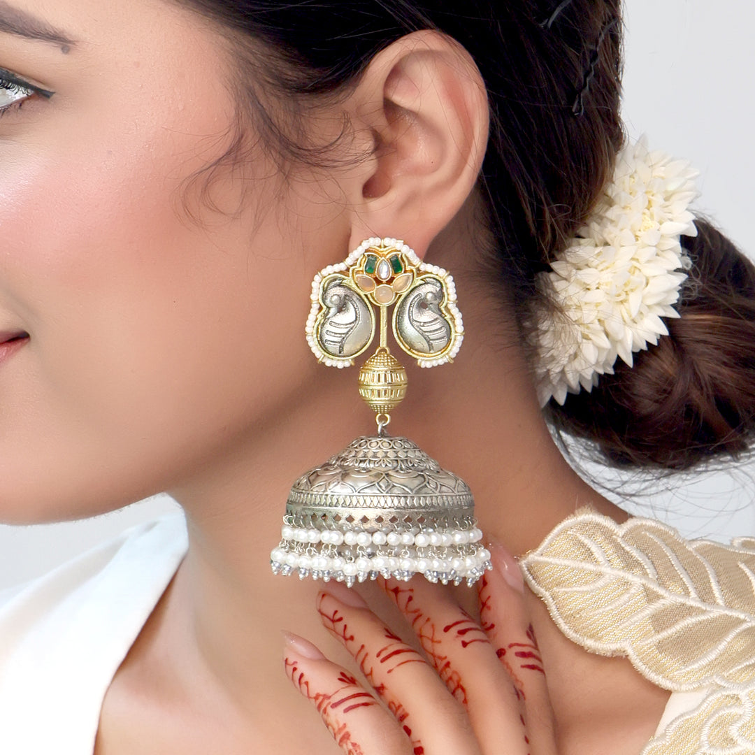 Regal Silver Oxidised Temple Jhumka Earrings