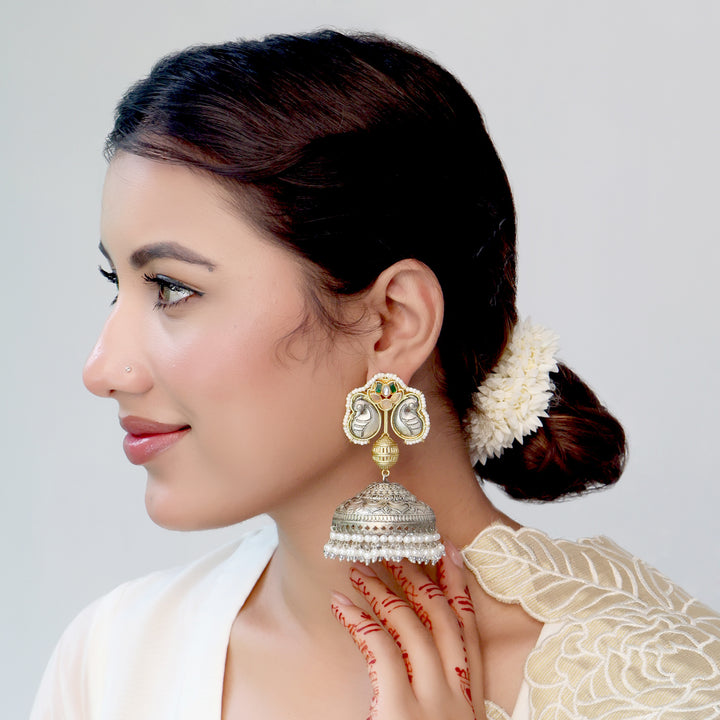 Regal Silver Oxidised Temple Jhumka Earrings