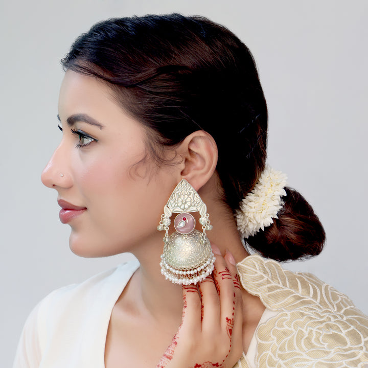 Silver Oxidised Dome Jhumka Earrings with Pearl Drops