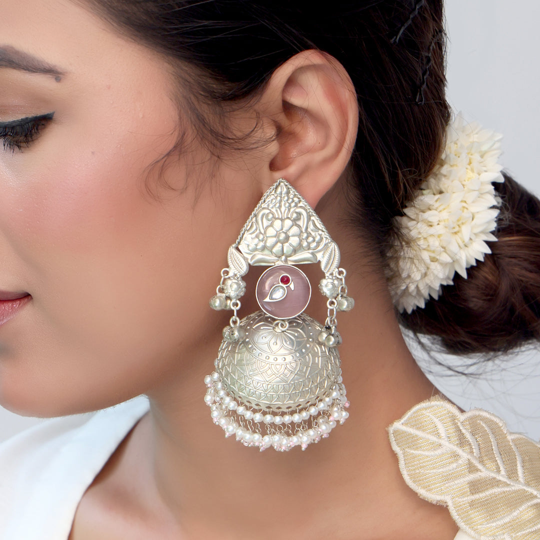 Silver Oxidised Dome Jhumka Earrings with Pearl Drops