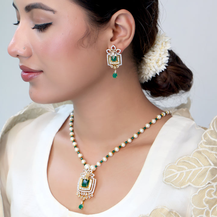 Emerald Polki Pearl Necklace Set