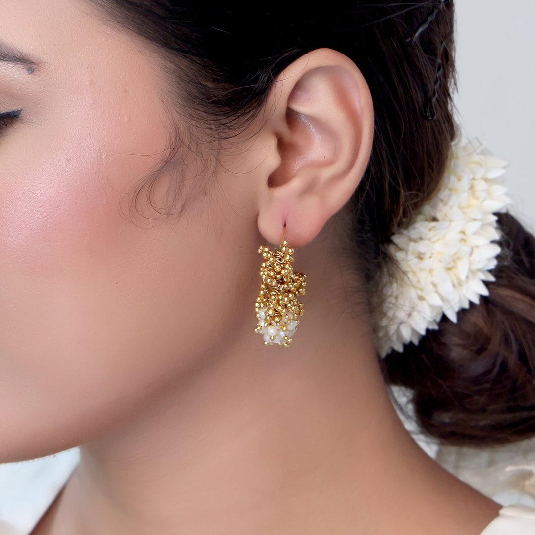 Golden & Pearl Cluster Hoop Earrings