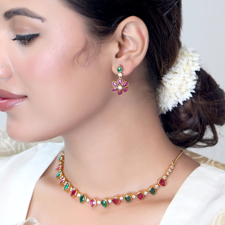 Ruby Emerald Polki Necklace Set