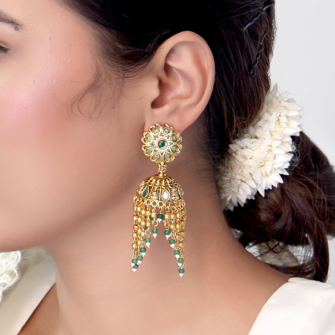Green Beaded Dome Jhumka Earrings