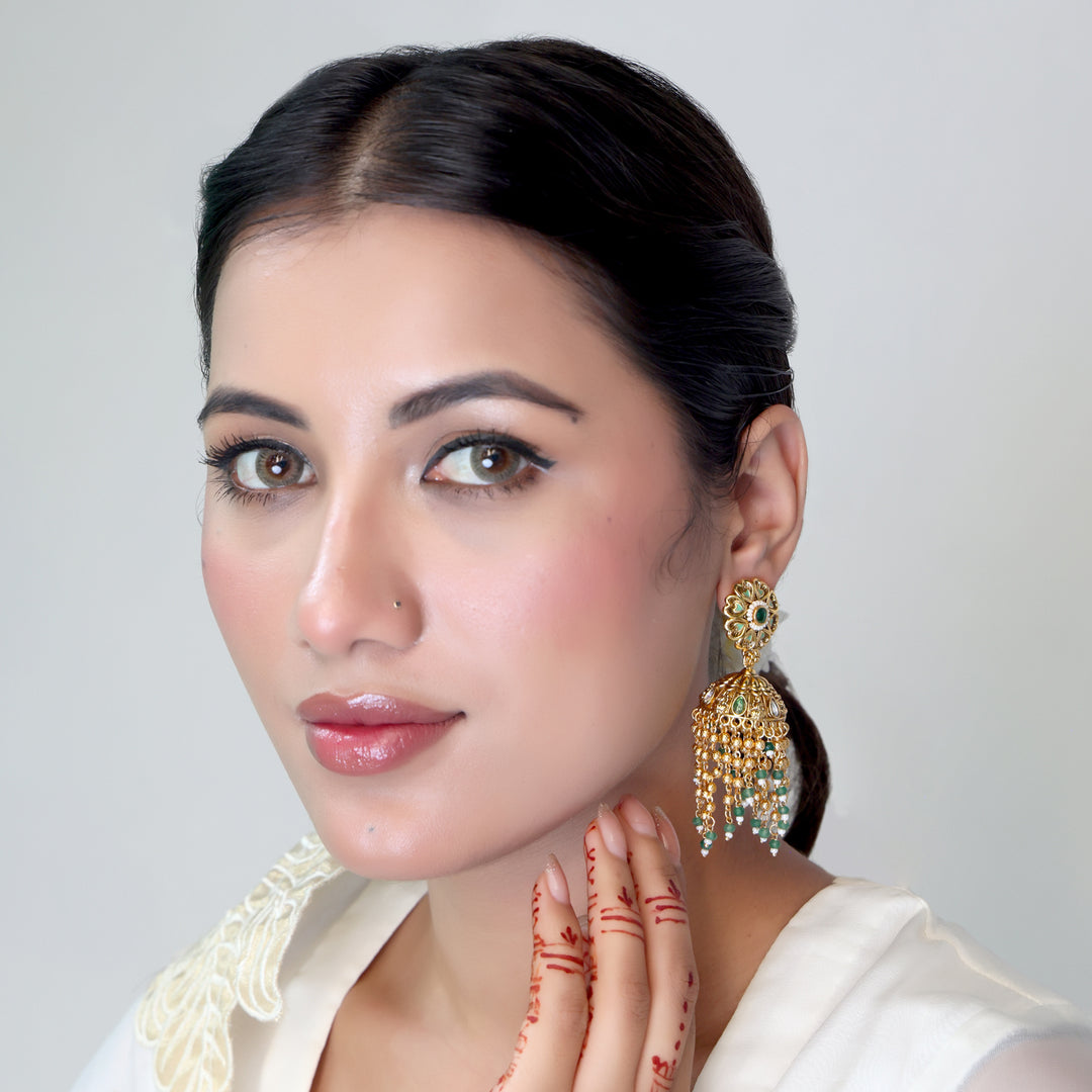 Green Beaded Dome Jhumka Earrings