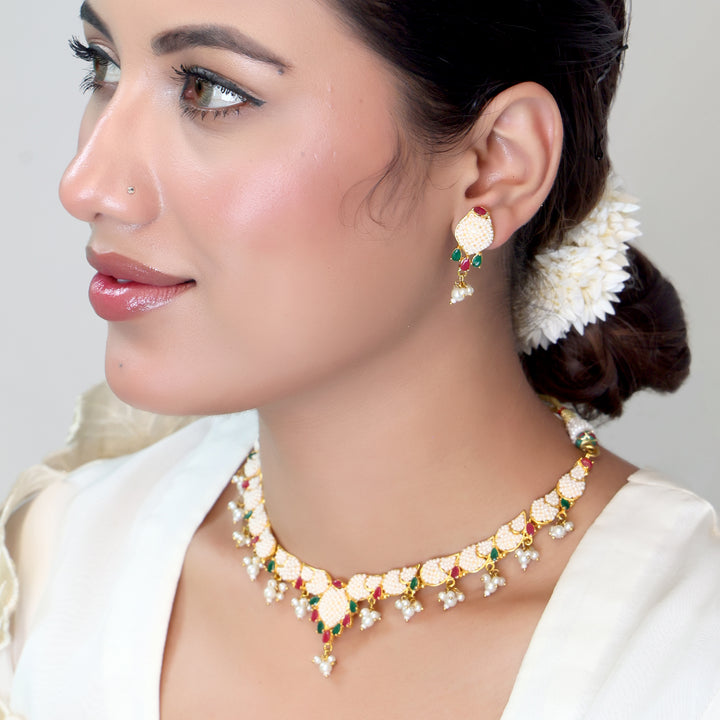 Pearl Leaf Meenakari Choker Necklace Set