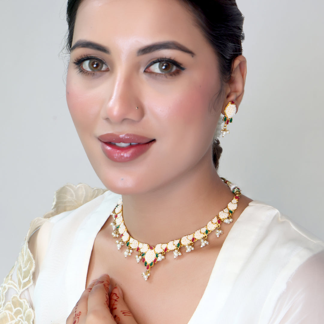 Pearl Leaf Meenakari Choker Necklace Set