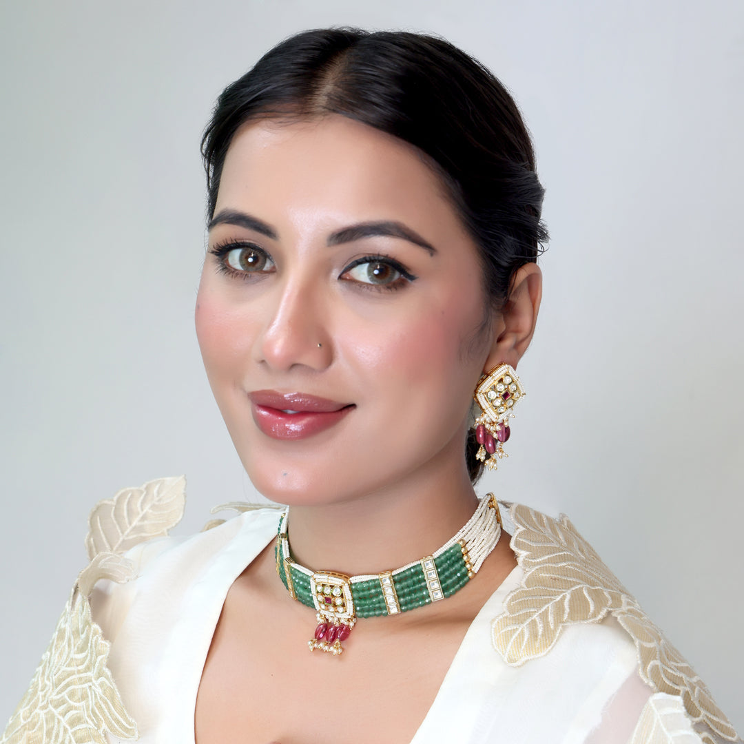 Emerald Kundan Pearl Choker & Earrings Set