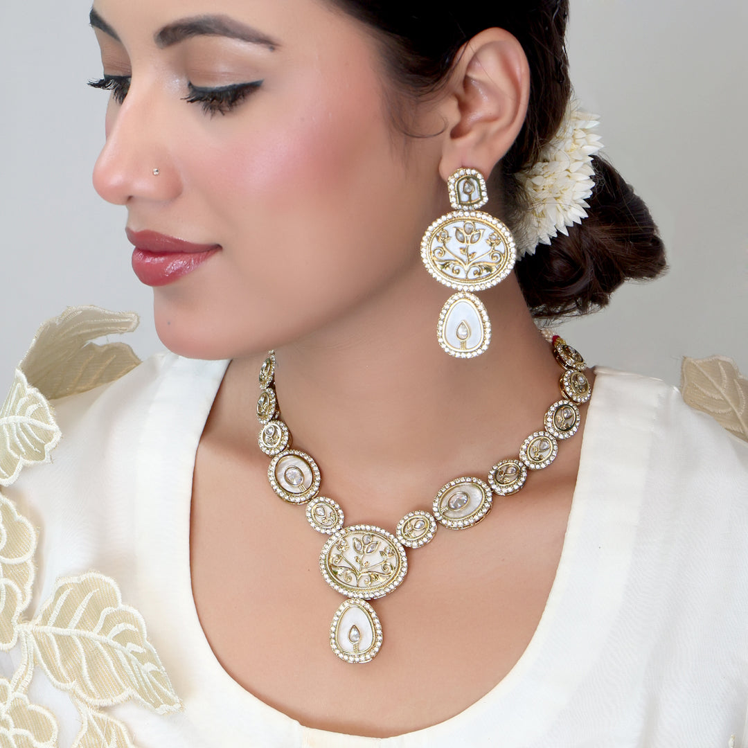 Royal Meenakari White Enamel Kundan Necklace Set