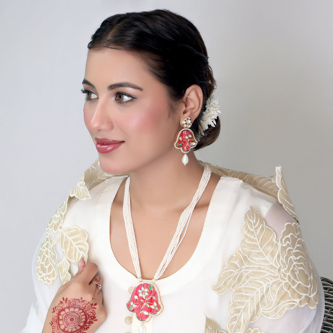 Handcrafted Red Meenakari Pearl Necklace Set