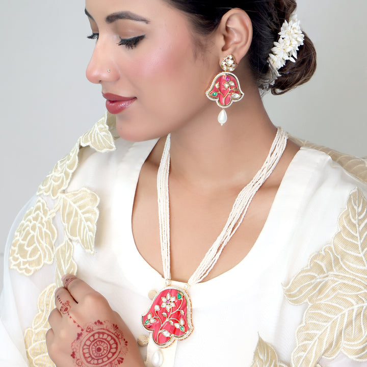 Handcrafted Red Meenakari Pearl Necklace Set