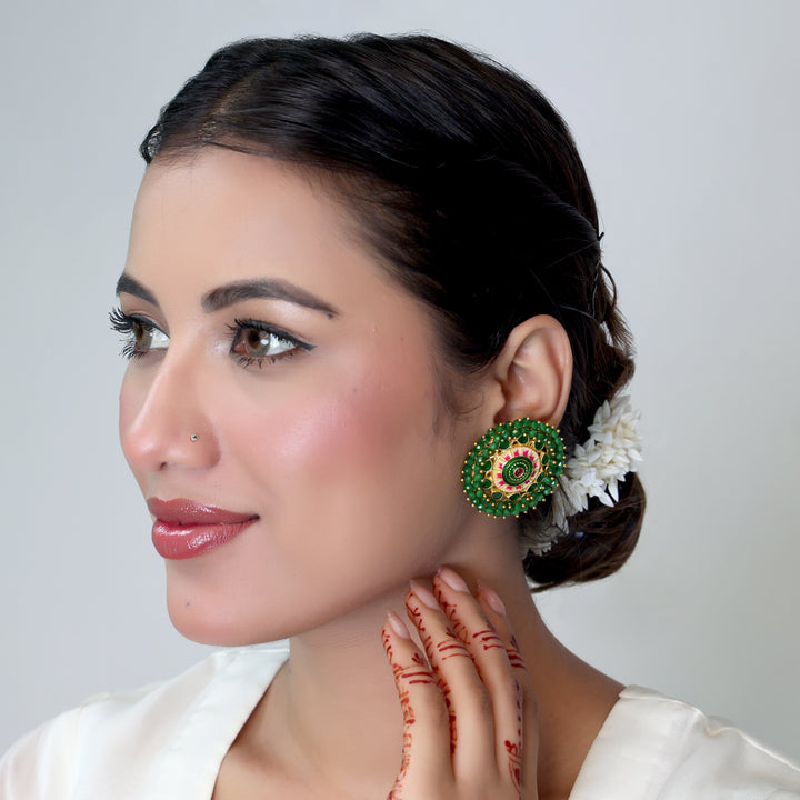 Green Meenakari Lotus Stud Earrings