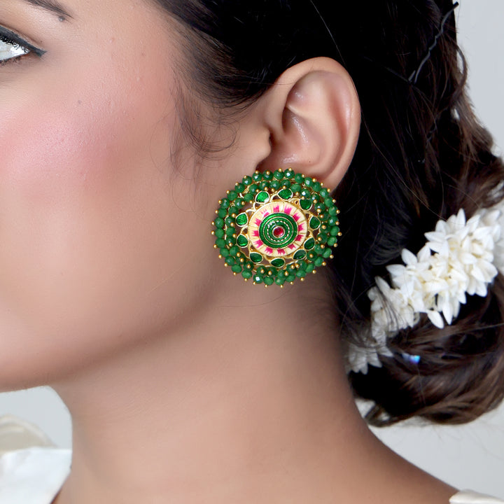 Green Meenakari Lotus Stud Earrings