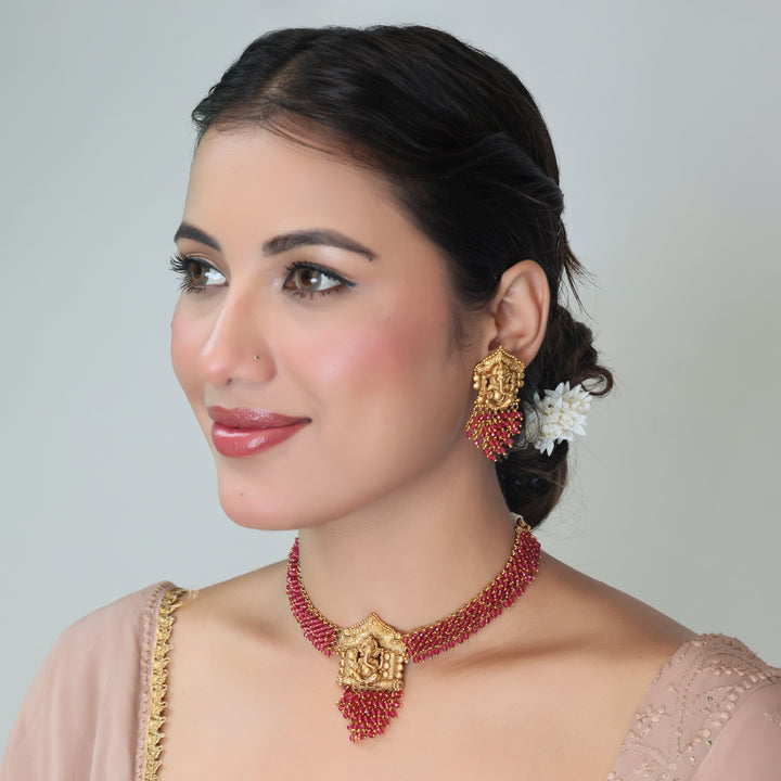 Temple Ganesha Ruby Beaded Choker Necklace Set