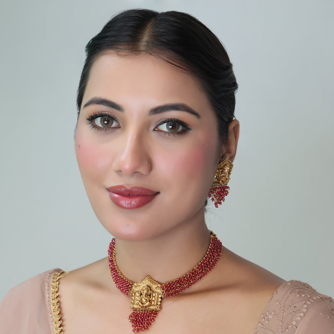 Temple Ganesha Ruby Beaded Choker Necklace Set