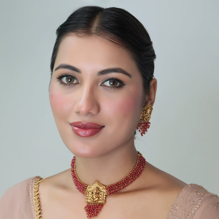 Temple Ganesha Ruby Beaded Choker Necklace Set