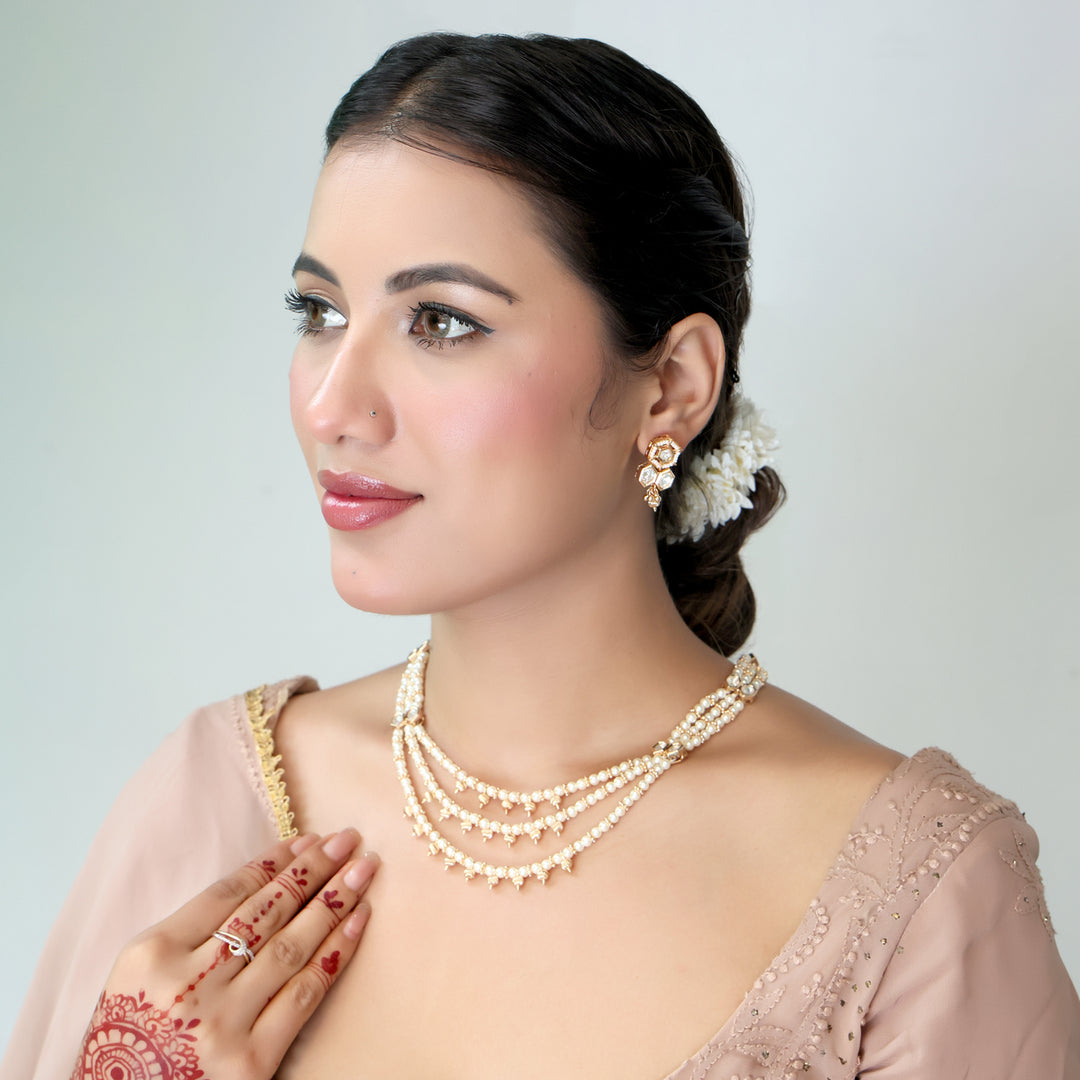 Triple-Layer Pearl & Kundan Bridal Necklace Set