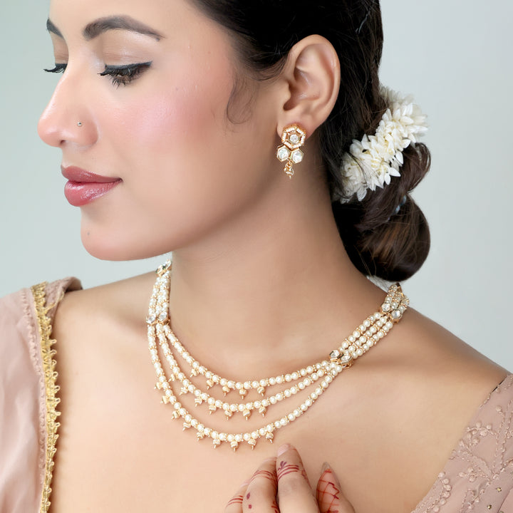 Triple-Layer Pearl & Kundan Bridal Necklace Set