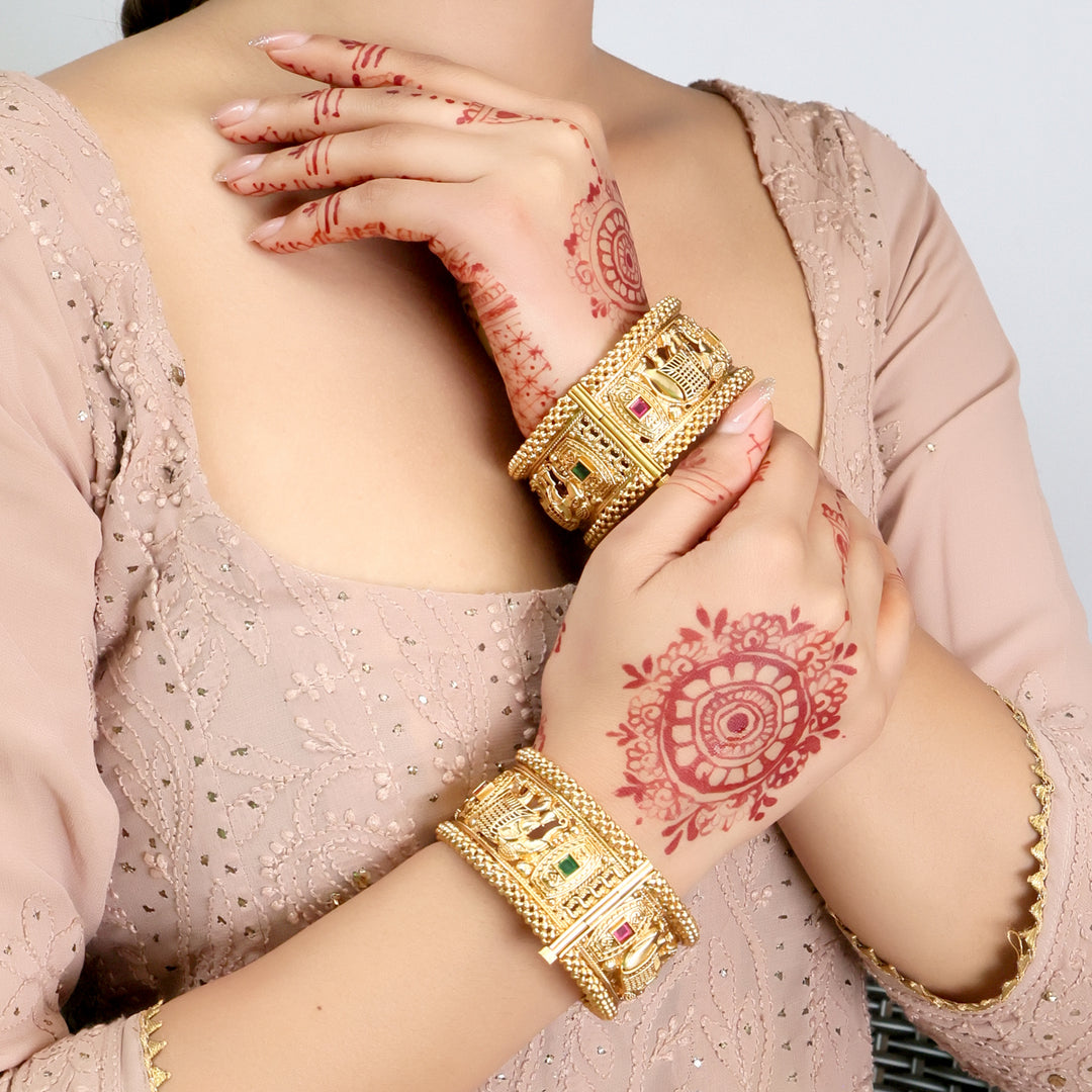 Grand Temple Heritage Kada Set with Ruby & Emerald Accents