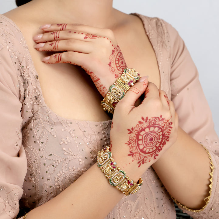 Polki Temple Kada Set with Ruby & Emerald Detailing