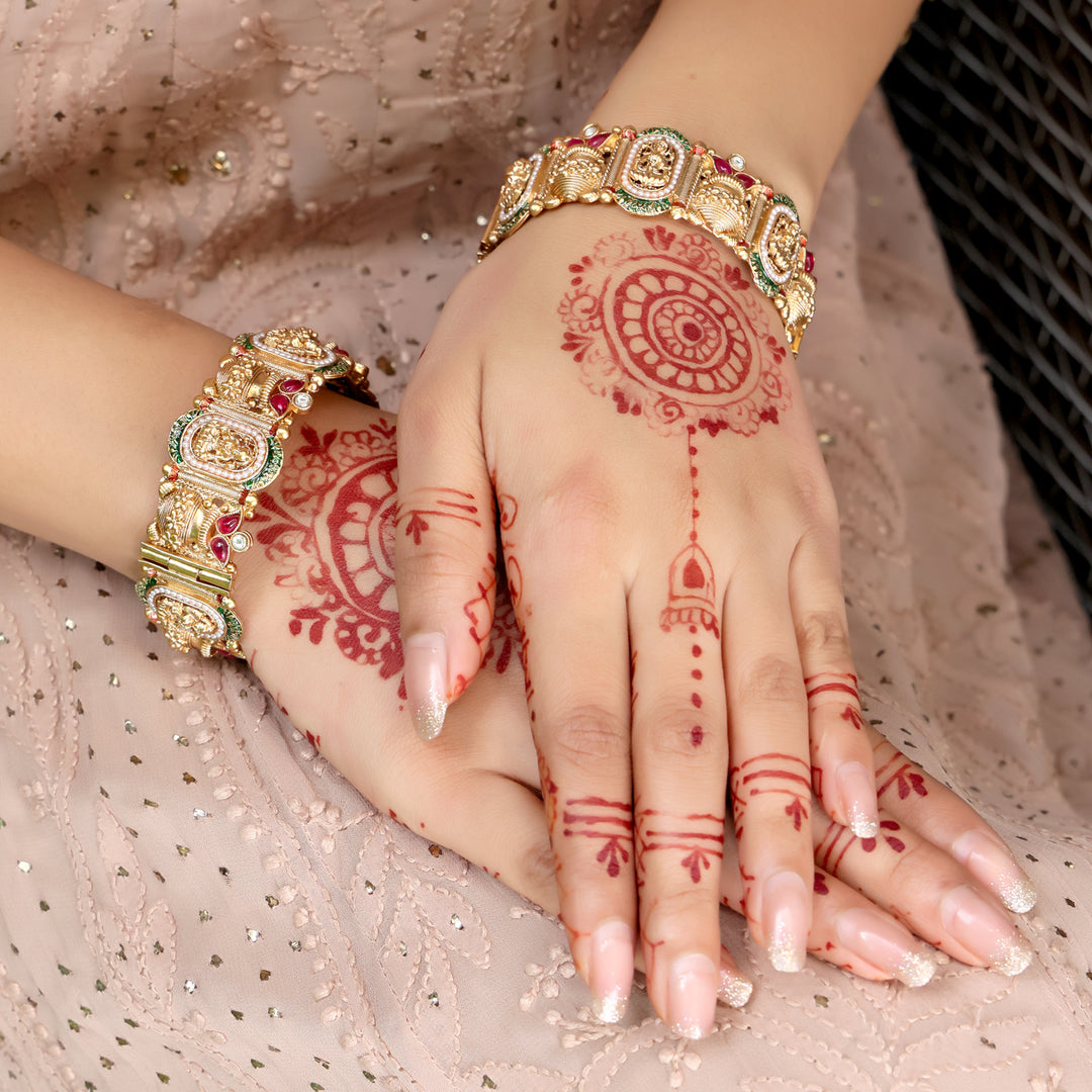 Polki Temple Kada Set with Ruby & Emerald Detailing