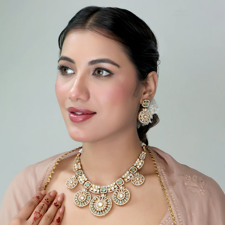 Mint Green Kundan Chand Pearl Necklace Set