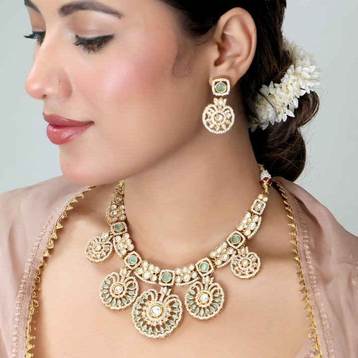 Mint Green Kundan Chand Pearl Necklace Set