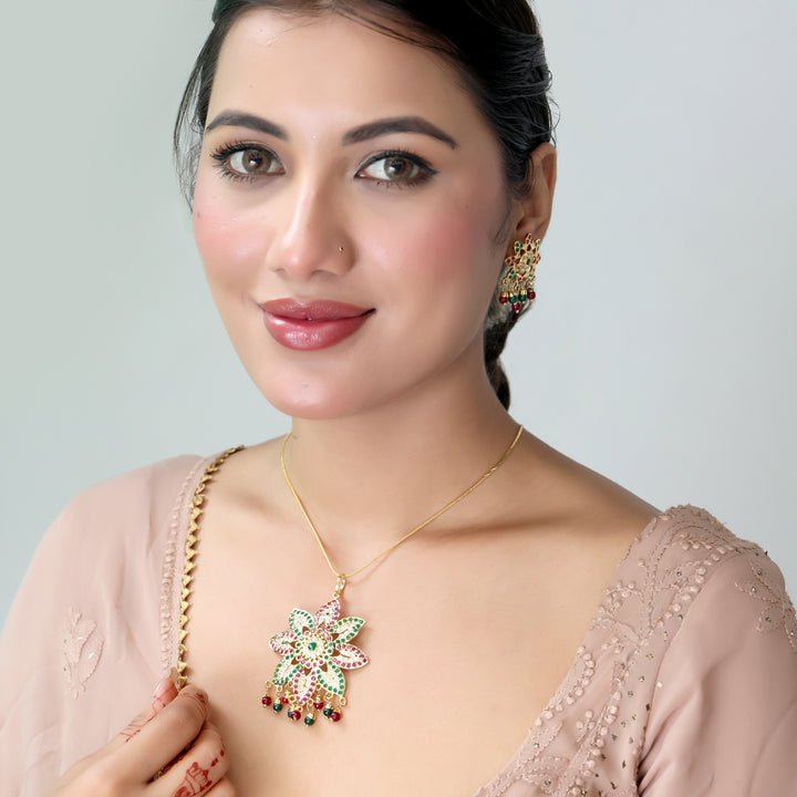 Floral Enamel Polki Pendant Necklace Set