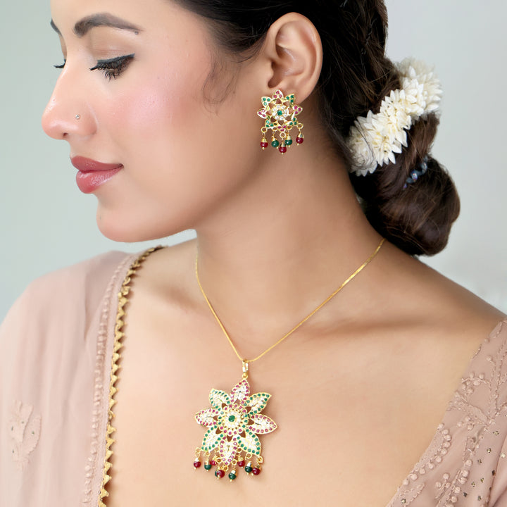 Floral Enamel Polki Pendant Necklace Set