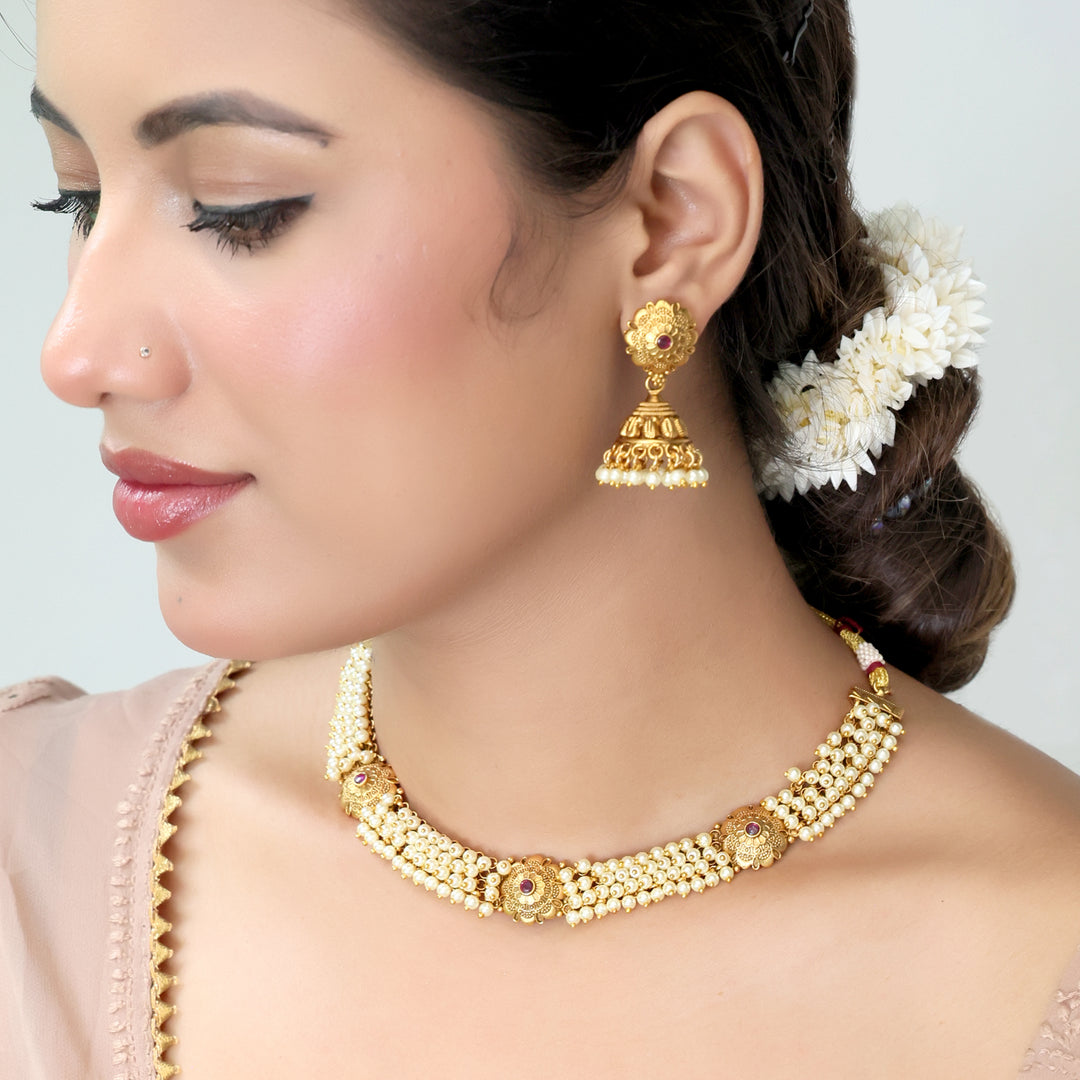 Antique Gold Pearl Choker Necklace & Jhumka Earrings Set