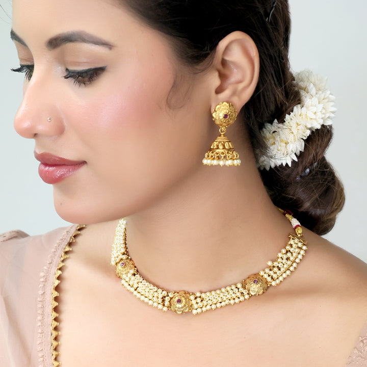 Antique Gold Pearl Choker Necklace & Jhumka Earrings Set