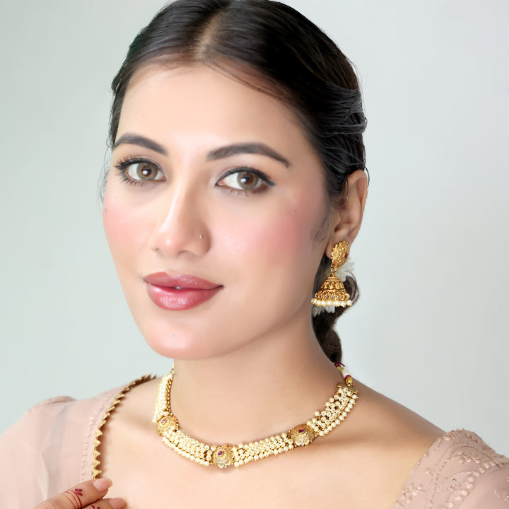 Antique Gold Pearl Choker Necklace & Jhumka Earrings Set