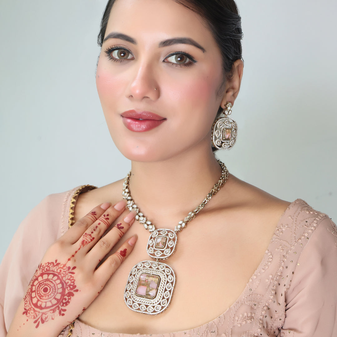 Royal Square AD Long Necklace Set with Matching Earrings