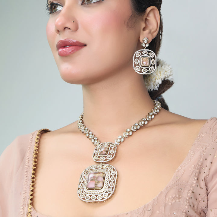 Royal Square AD Long Necklace Set with Matching Earrings