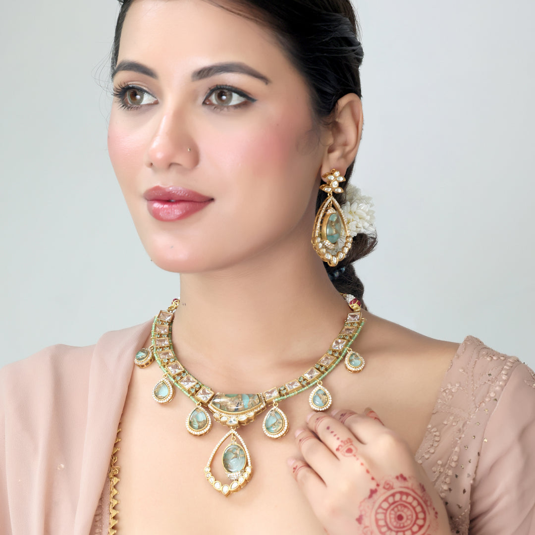Mint Green Kundan Necklace & Earrings Set