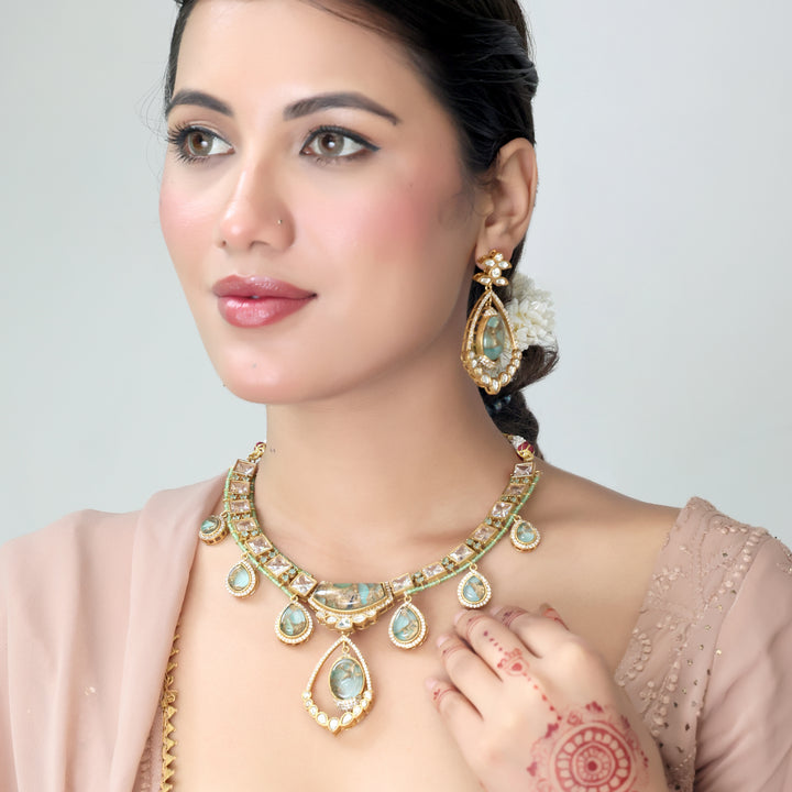 Mint Green Kundan Necklace & Earrings Set