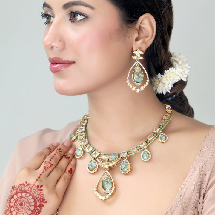 Mint Green Kundan Necklace & Earrings Set