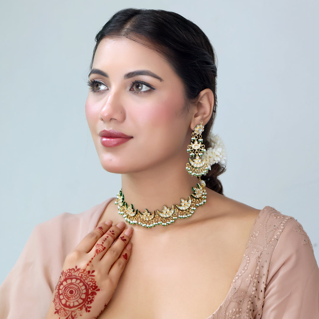 Emerald Green Lotus Kundan Choker Set