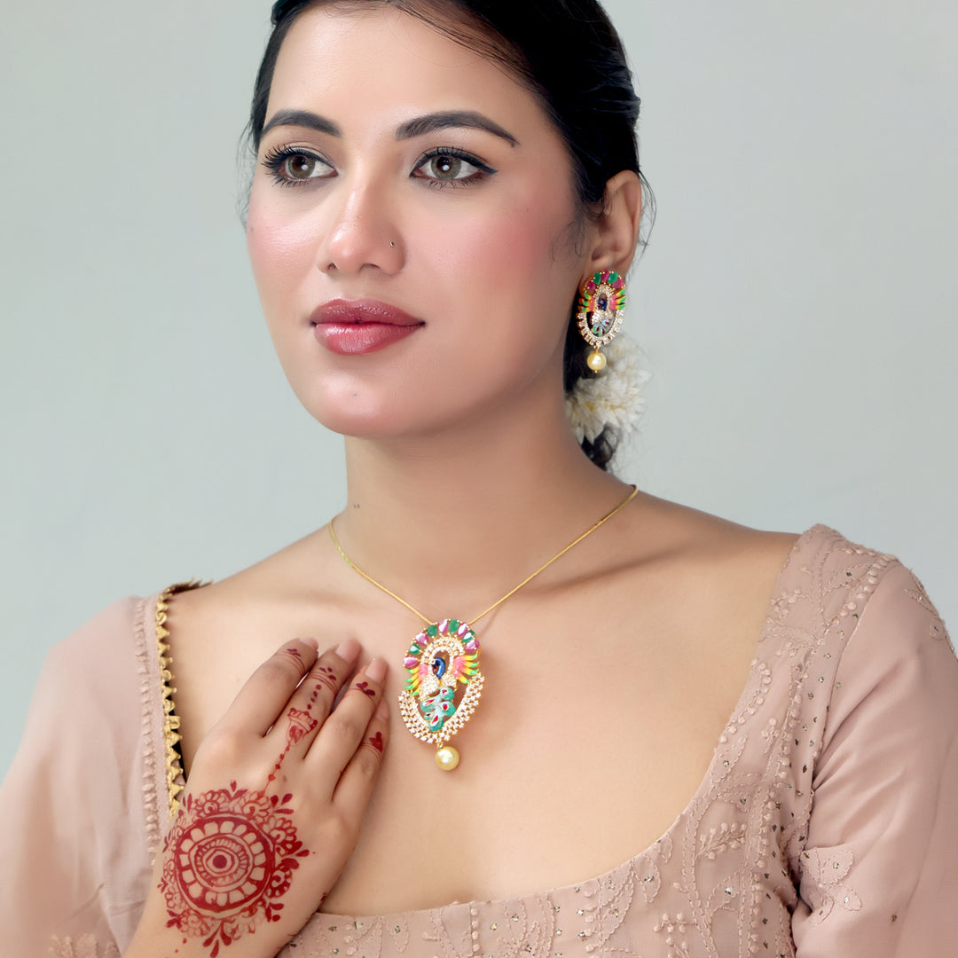 Vibrant Peacock Meenakari Pendant Necklace Set